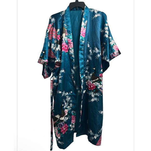Dark Teal Green Exotic Peacock Floral Print Silk Blend Kimono Tie Robe OSFM - Picture 1 of 8